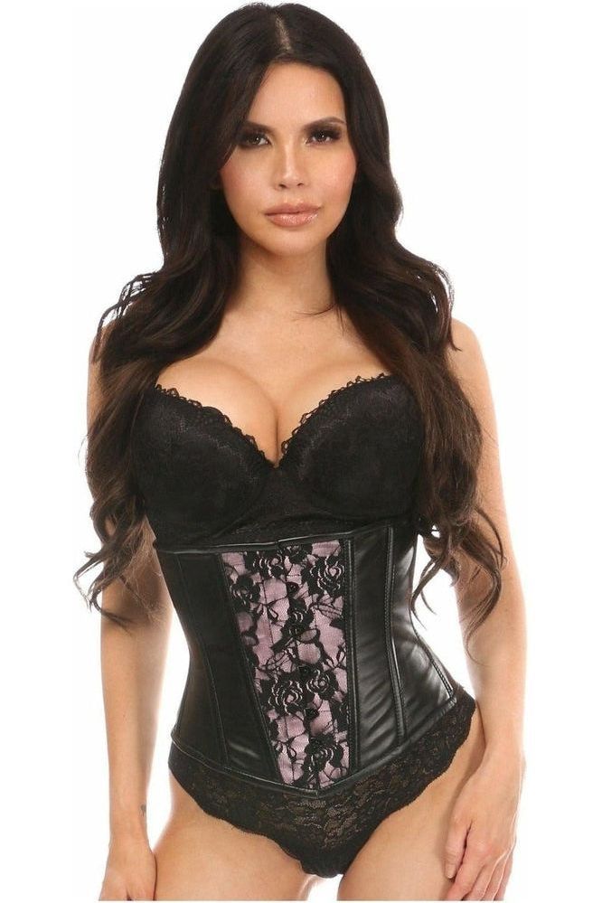 Lavish Wet Look Under Bust Corset Pink w/Lace Overlay