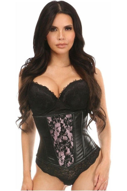 Lavish Wet Look Under Bust Corset Pink w/Lace Overlay