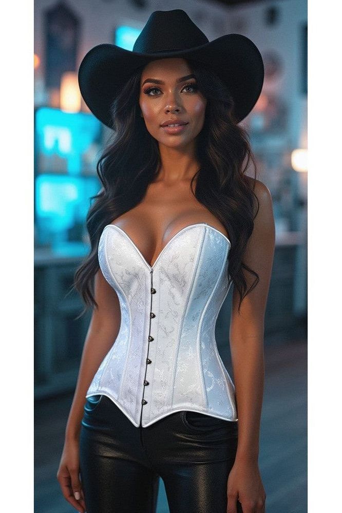 Lavish White Brocade Overbust Corset W/Busk Closure