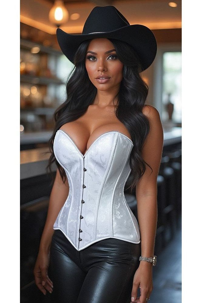 Lavish White Brocade Overbust Corset W/Busk Closure