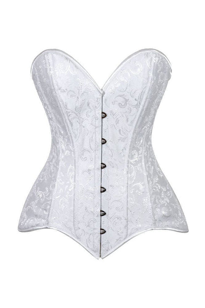 Lavish White Brocade Overbust Corset W/Busk Closure