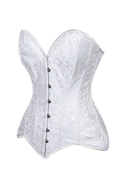 Lavish White Brocade Overbust Corset W/Busk Closure