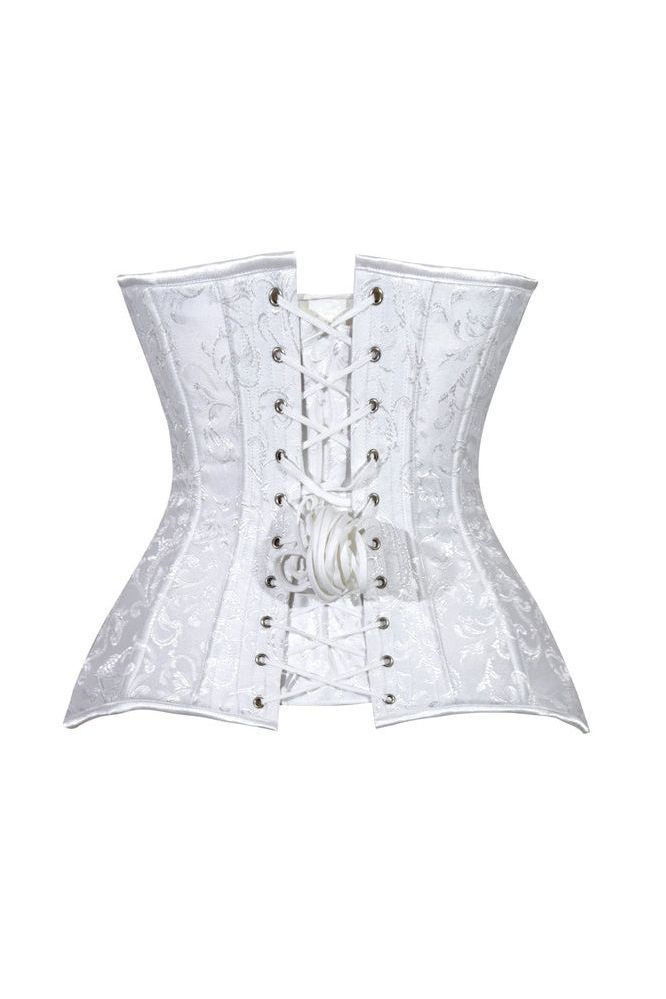 Lavish White Brocade Overbust Corset W/Busk Closure