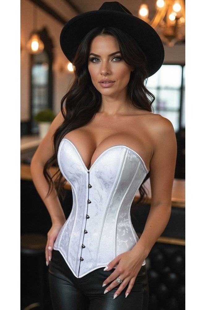 Lavish White Brocade Overbust Corset W/Busk Closure