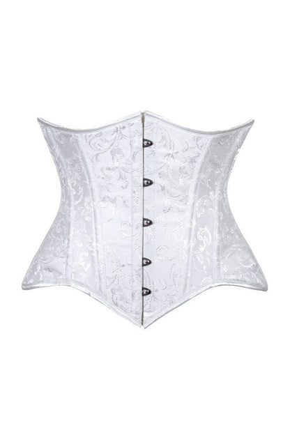 Lavish White Brocade Waist Cincher Under Bust Corset w/Front Busk Closure