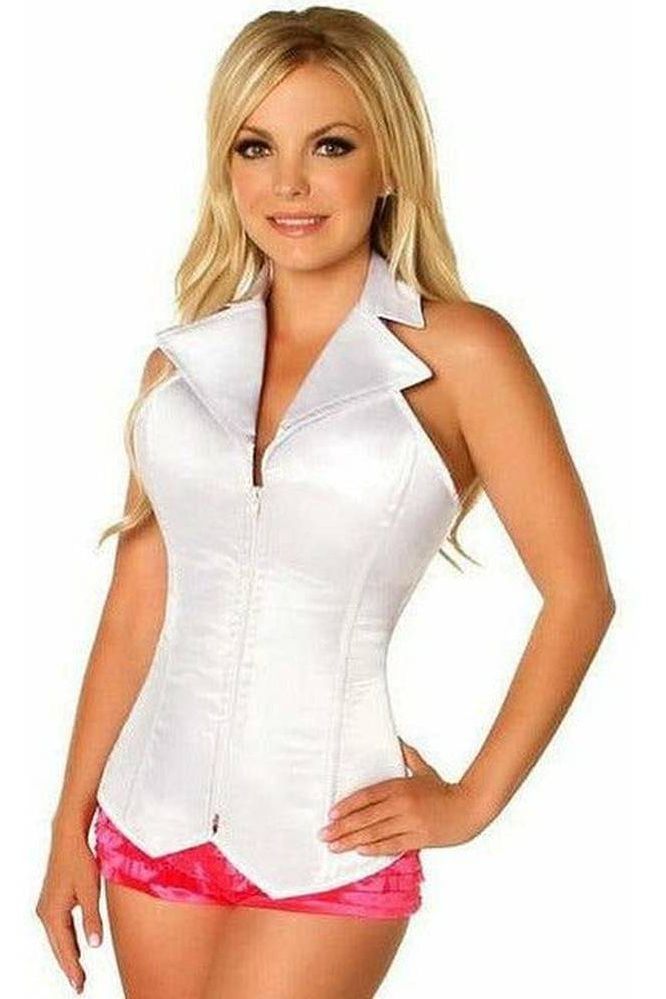 Lavish White Collared Front Zipper Corset
