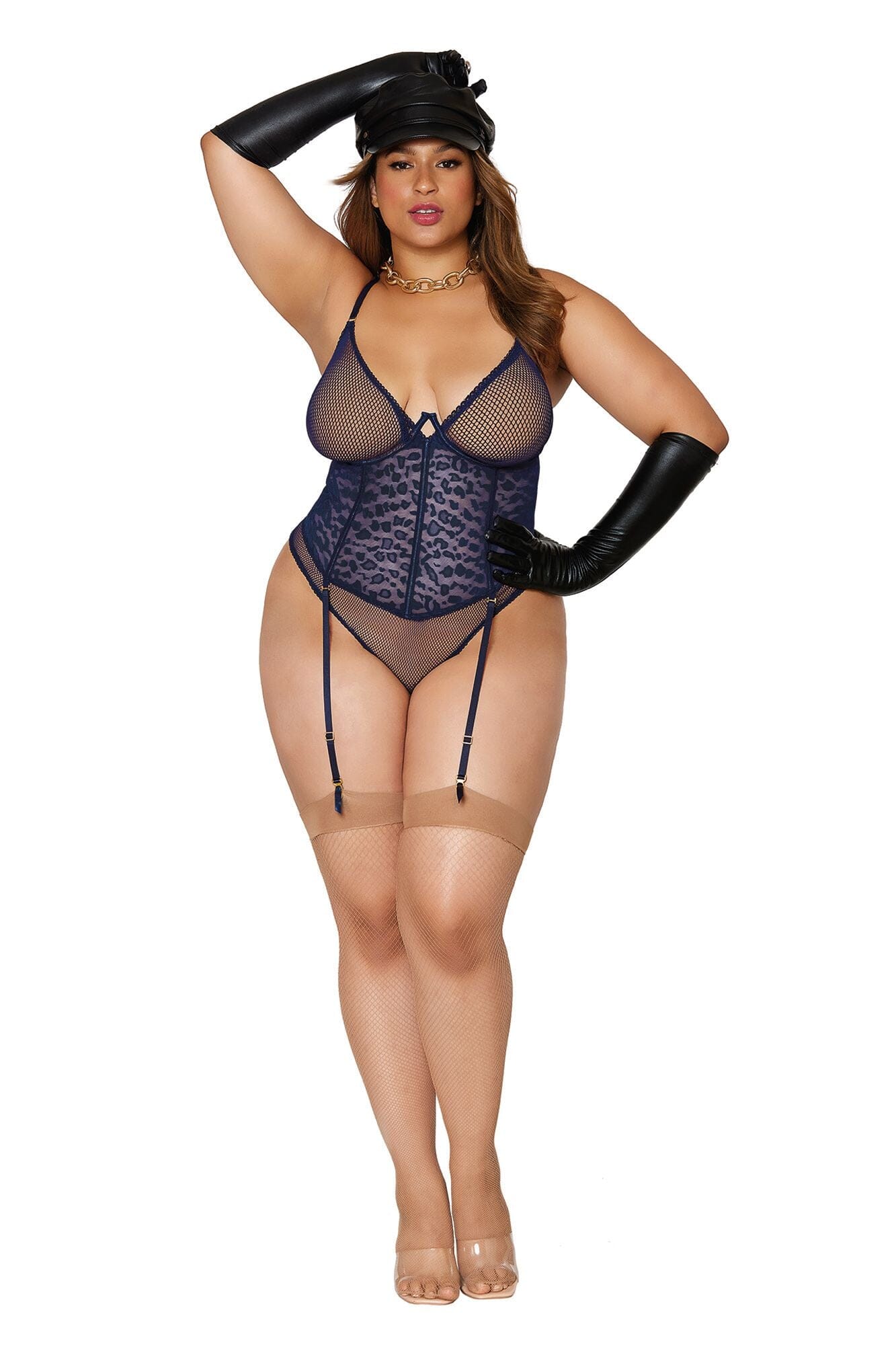 Dreamgirl Leopard stretch mesh and fishnet garter teddy with fancy picot elastic trims and square gold hardware accents