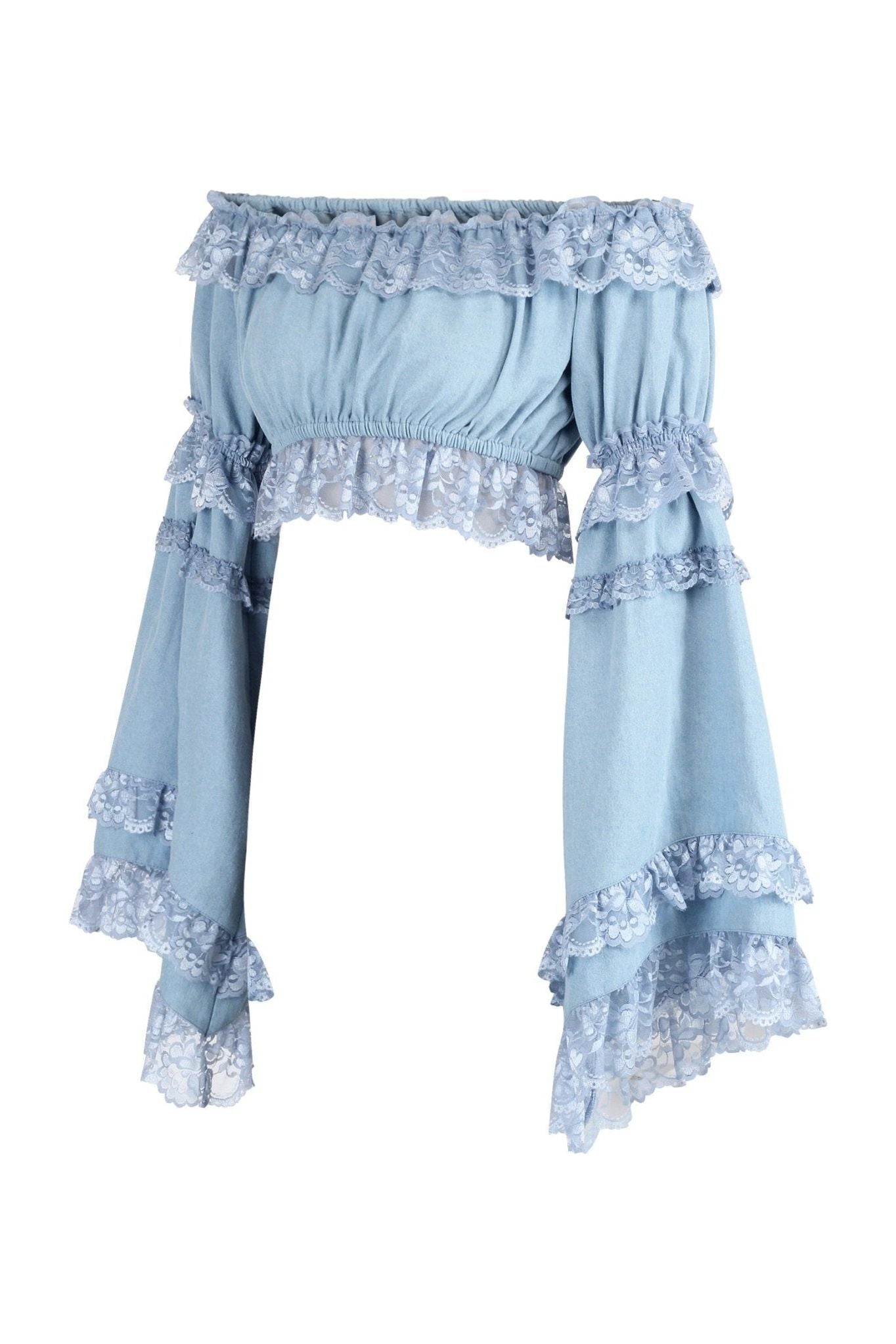 Light Blue Denim Smocked Flare Sleeve Peasant Top.