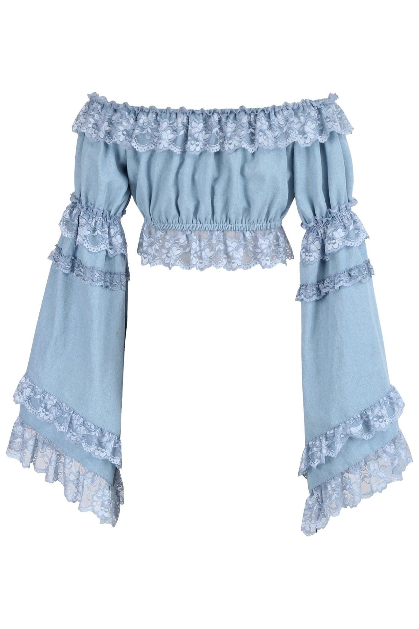 Light Blue Denim Smocked Flare Sleeve Peasant Top.