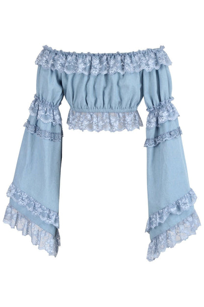 Light Blue Denim Smocked Flare Sleeve Peasant Top.