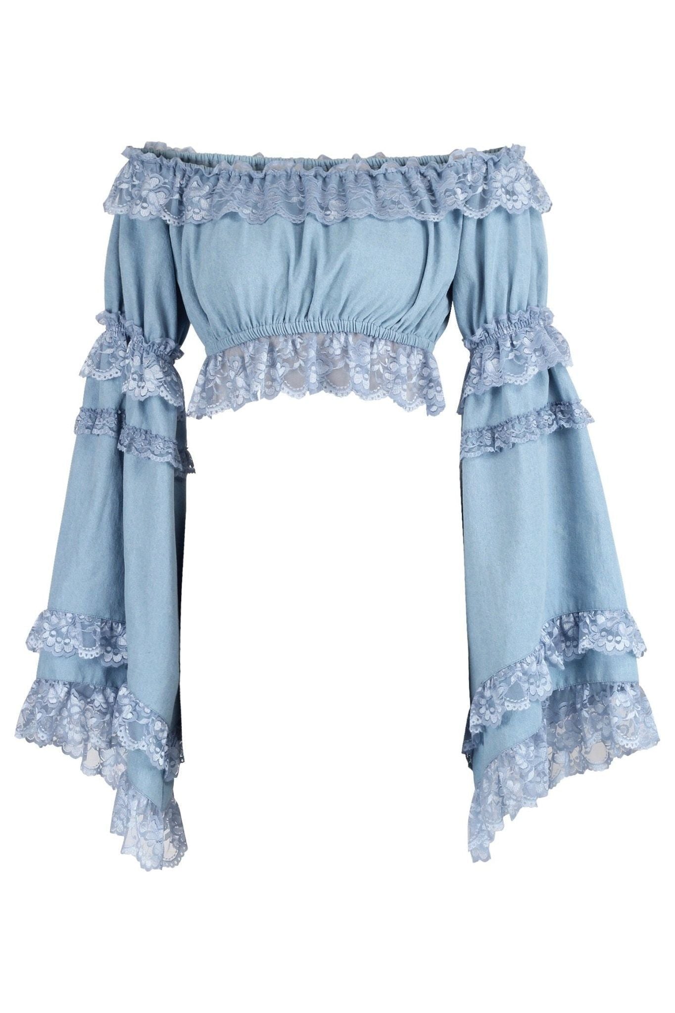 Light Blue Denim Smocked Flare Sleeve Peasant Top.
