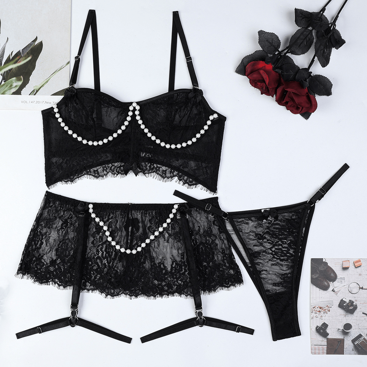 Luna Pearl Embellished Lace 4 Piece Lingerie Set - Unspoken Fashion