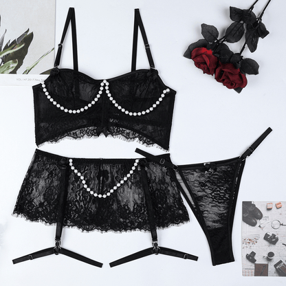 Luna Pearl Embellished Lace 4 Piece Lingerie Set - Unspoken Fashion