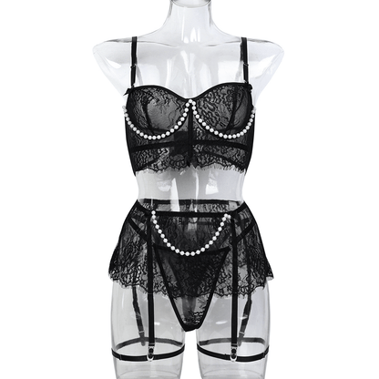 Luna Pearl Embellished Lace 4 Piece Lingerie Set - Unspoken Fashion
