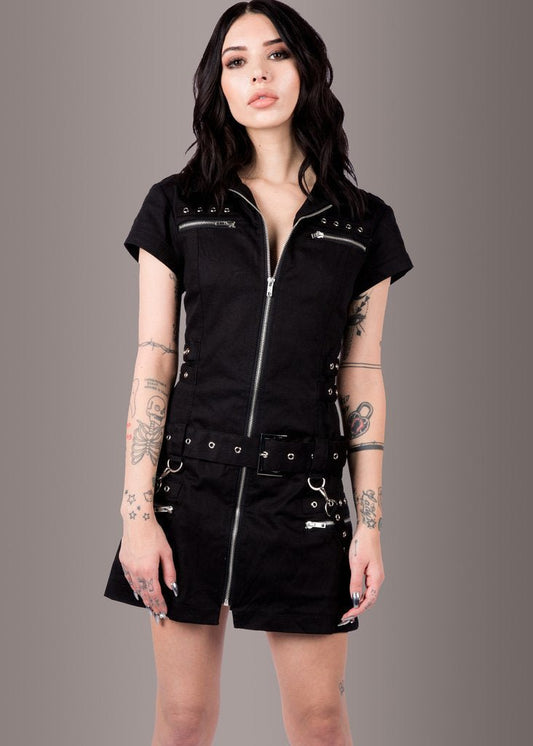 Macabre Heartdrop Goth Mini Dress with Buckles and Lacing - Unspoken Fashion