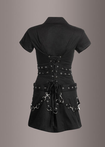 Macabre Heartdrop Goth Mini Dress with Buckles and Lacing - Unspoken Fashion