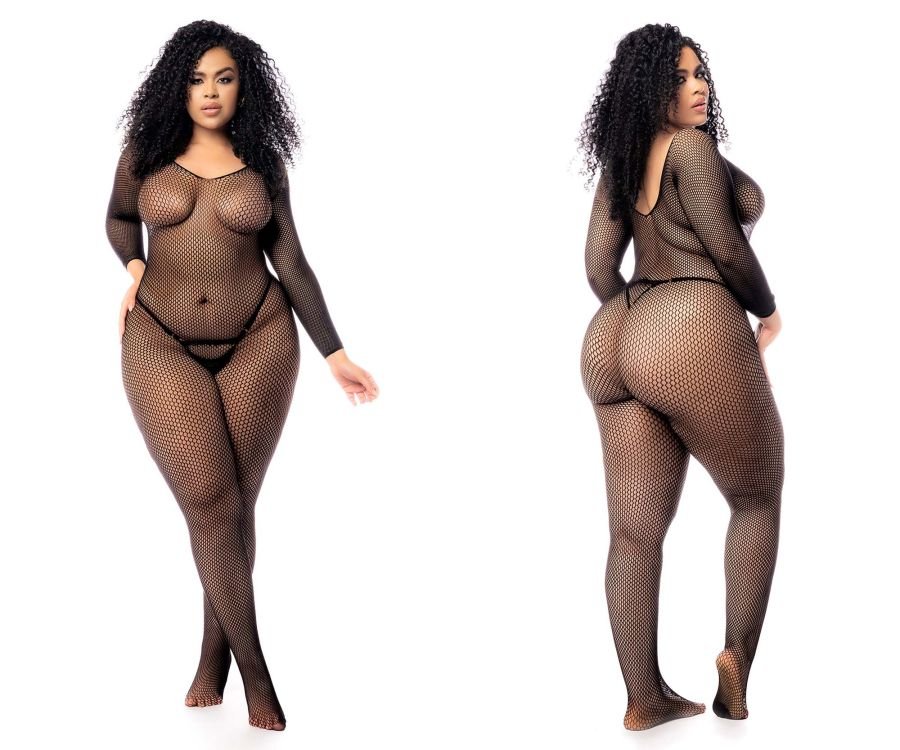 Mapale 1102X Curvy Size Long Sleeved Fishnet Bodystocking Color Black - Unspoken Fashion