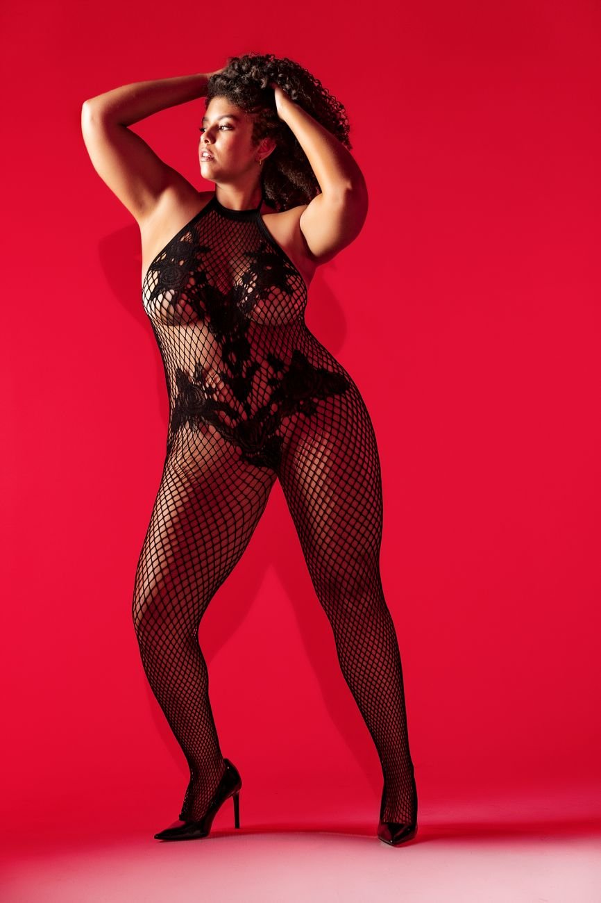 Mapale 1116X Curvy Size Halter And Crotchless Floral Bodystocking Color Black - Unspoken Fashion