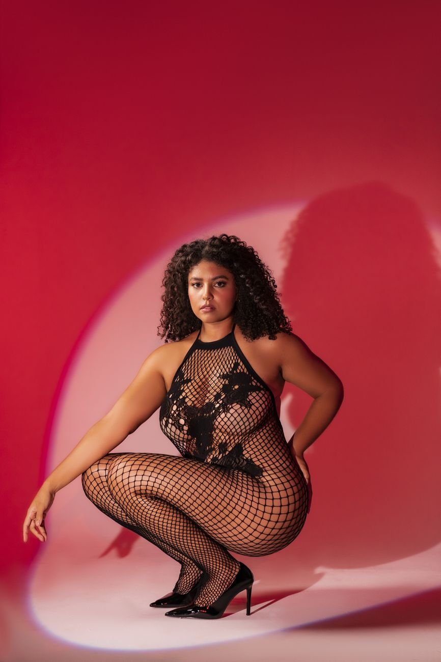 Mapale 1116X Curvy Size Halter And Crotchless Floral Bodystocking Color Black - Unspoken Fashion