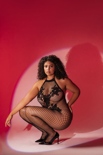 Mapale 1116X Curvy Size Halter And Crotchless Floral Bodystocking Color Black - Unspoken Fashion