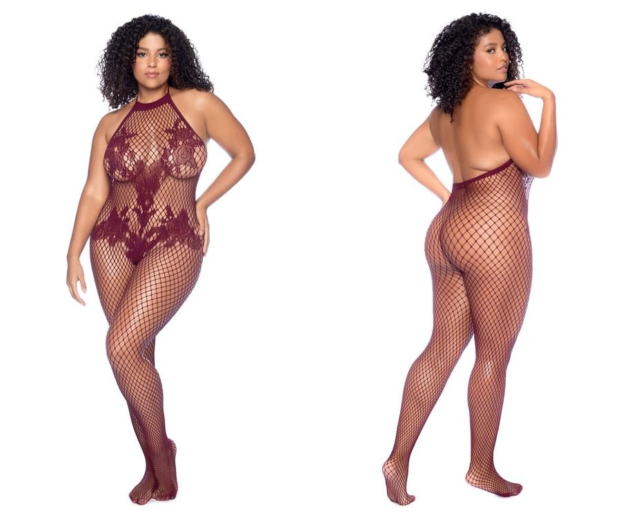Mapale 1116X Curvy Size Halter And Crotchless Floral Bodystocking Color Cherry - Unspoken Fashion