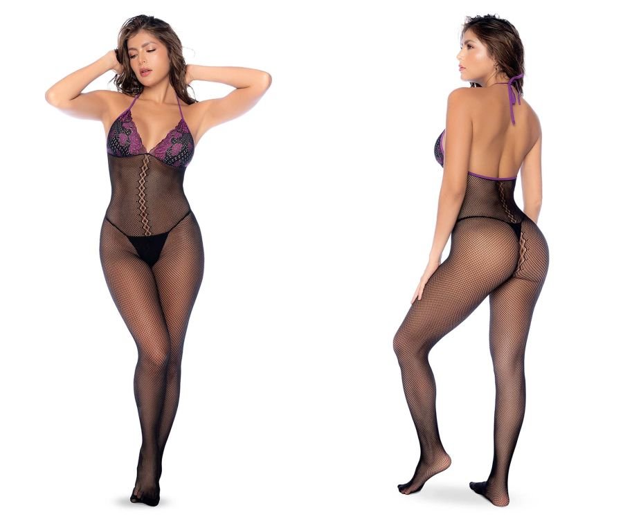 Mapale 1122 Fishnet and Lace Bodystocking Set Color Black - Purple - Unspoken Fashion