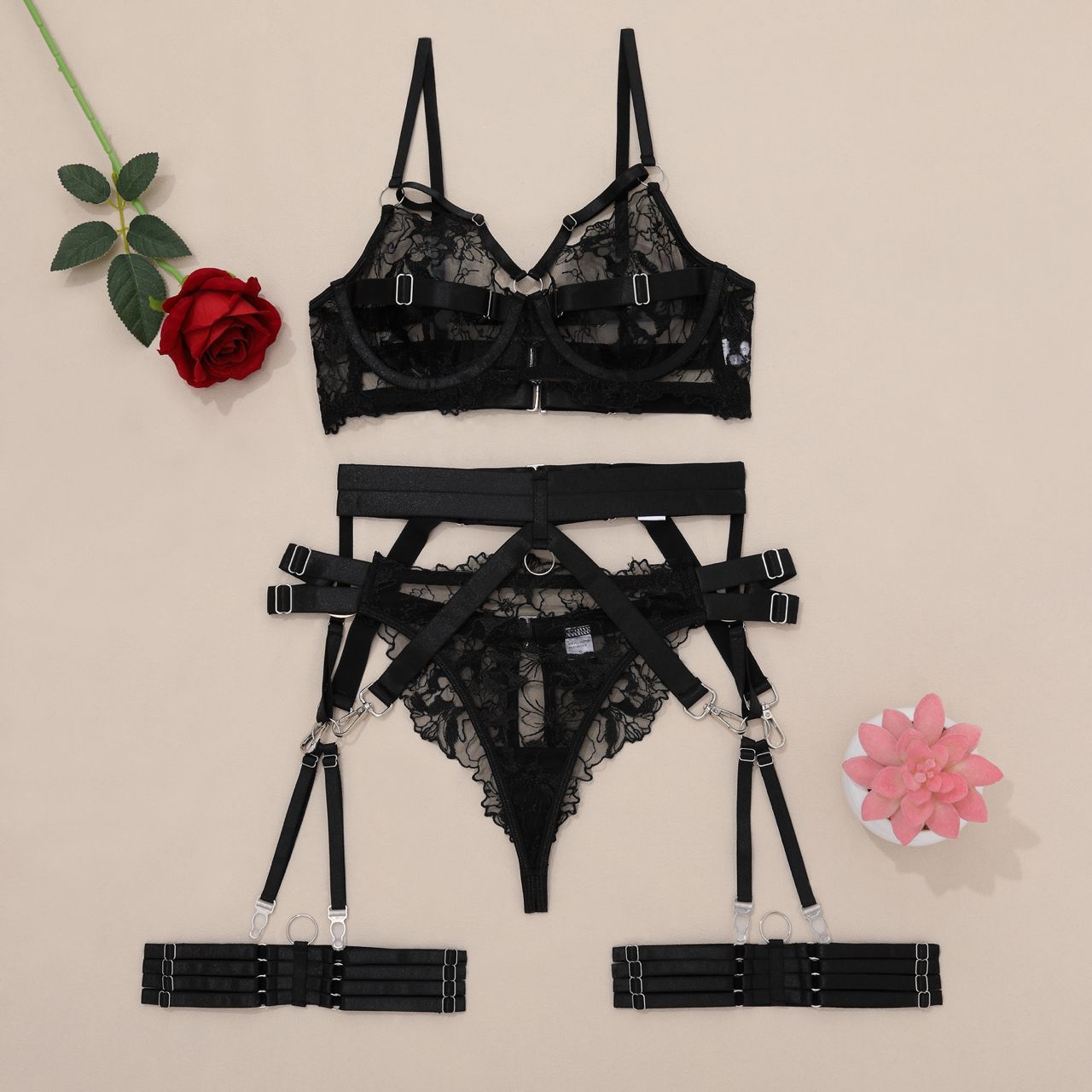 Midnight Bondage Lace 4 Piece Lingerie Set - Unspoken Fashion