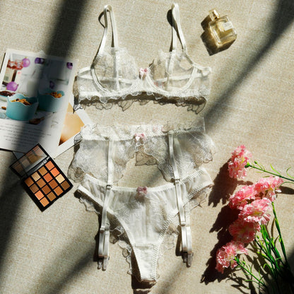 Moonlit Lace Embroidered 3 Piece Lingerie Set - Unspoken Fashion