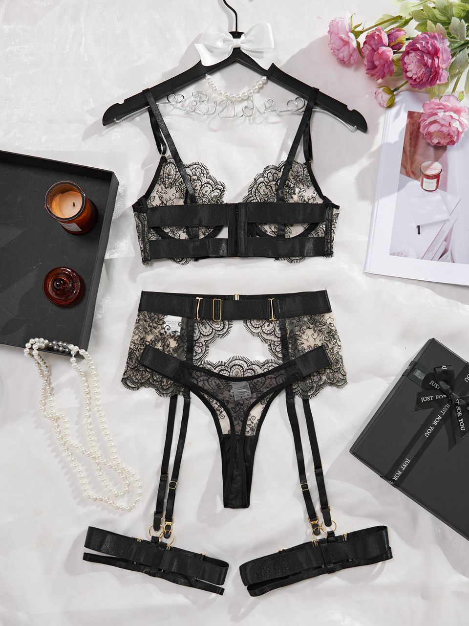 Noir Elegance Lace 4 Piece Lingerie Set - Unspoken Fashion