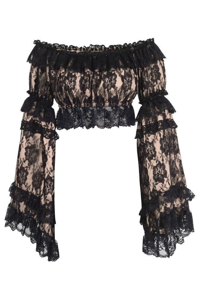 Nude/Black Lace Smocked Flare Sleeve Peasant Top