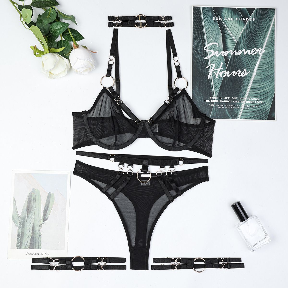 Obsession Strapped 4 Piece Black Lingerie Set - Unspoken Fashion