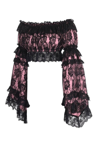 Pink/Black Lace Smocked Flare Sleeve Peasant Top