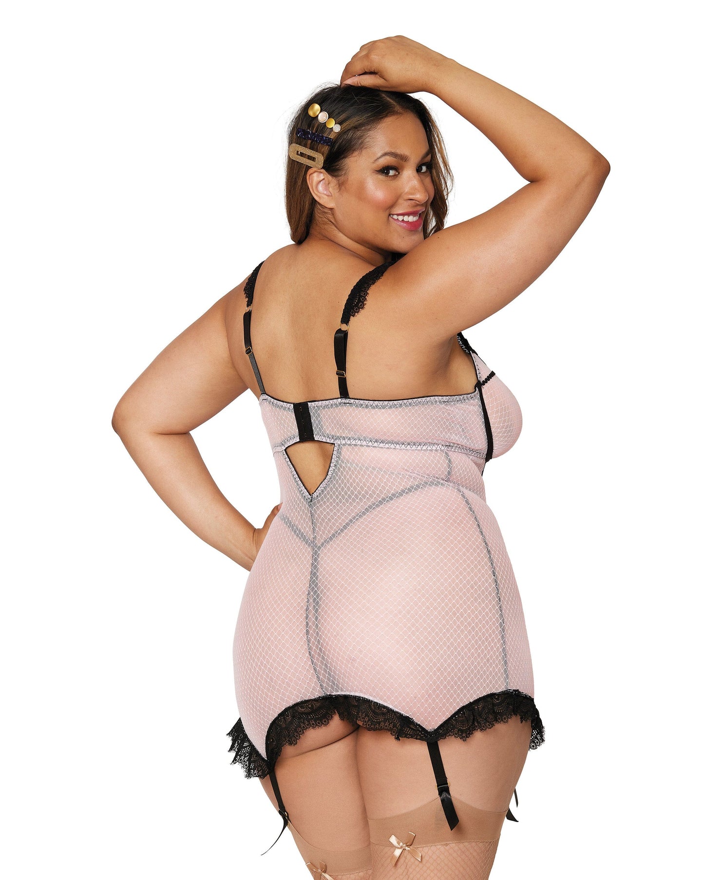 Dreamgirl Plus Diamond stretch mesh garter slip and G-string set