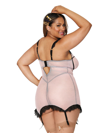 Dreamgirl Plus Diamond stretch mesh garter slip and G-string set