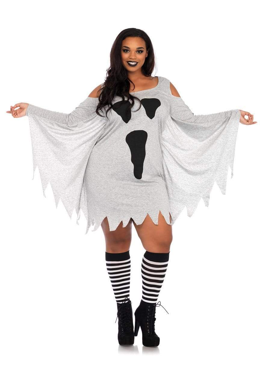 Plus Jersey Ghost Long Sleeve Halloween Dress - Unspoken Fashion