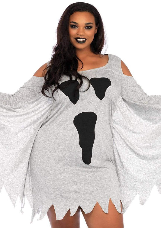 Plus Jersey Ghost Long Sleeve Halloween Dress - Unspoken Fashion