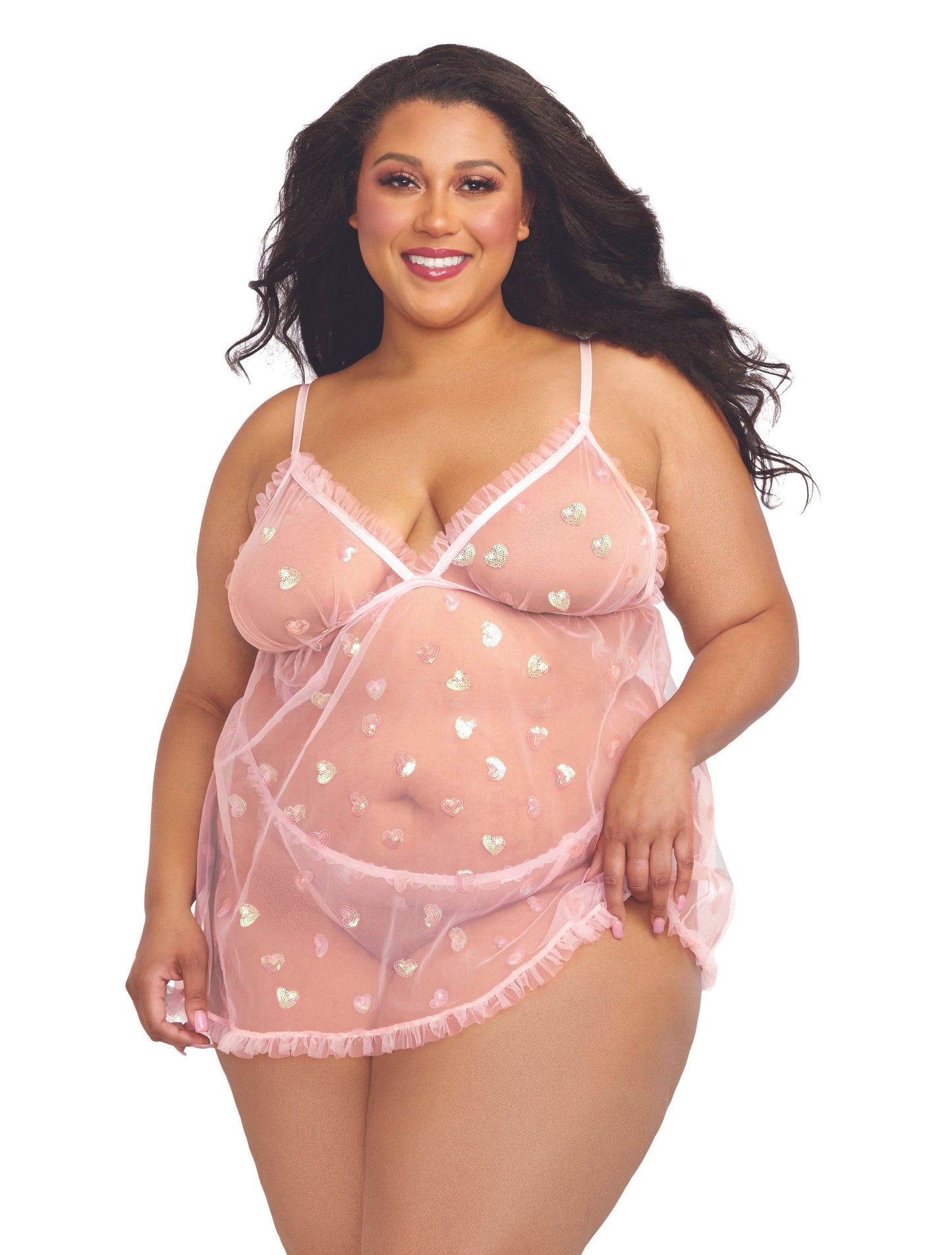 Dreamgirl Plus Size Babydoll & G-String Lingerie Set with Sequin Hearts & Ruffle Detail