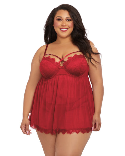 Dreamgirl Plus Size Eyelash Lace & Stretch Mesh Babydoll Set with Strappy Rhinestone Neckline