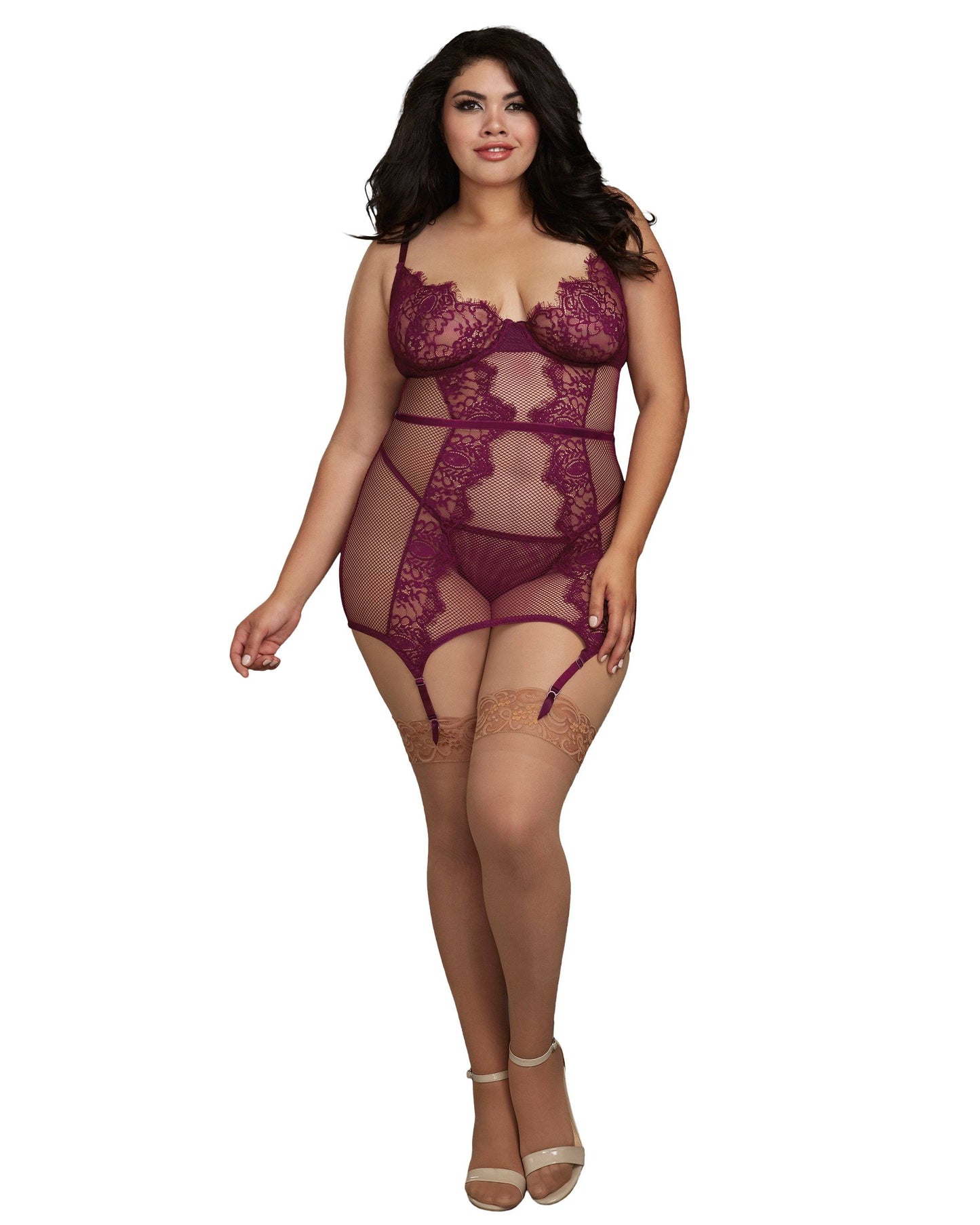 Dreamgirl Plus Size Fishnet and Eyelash Lace Garter Slip with Matching G-String