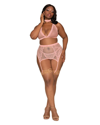 Dreamgirl Plus Size Fishnet & Lace 4-Piece Halter Bralette & Garter Belt Set with Stretch Velvet Trim Accents