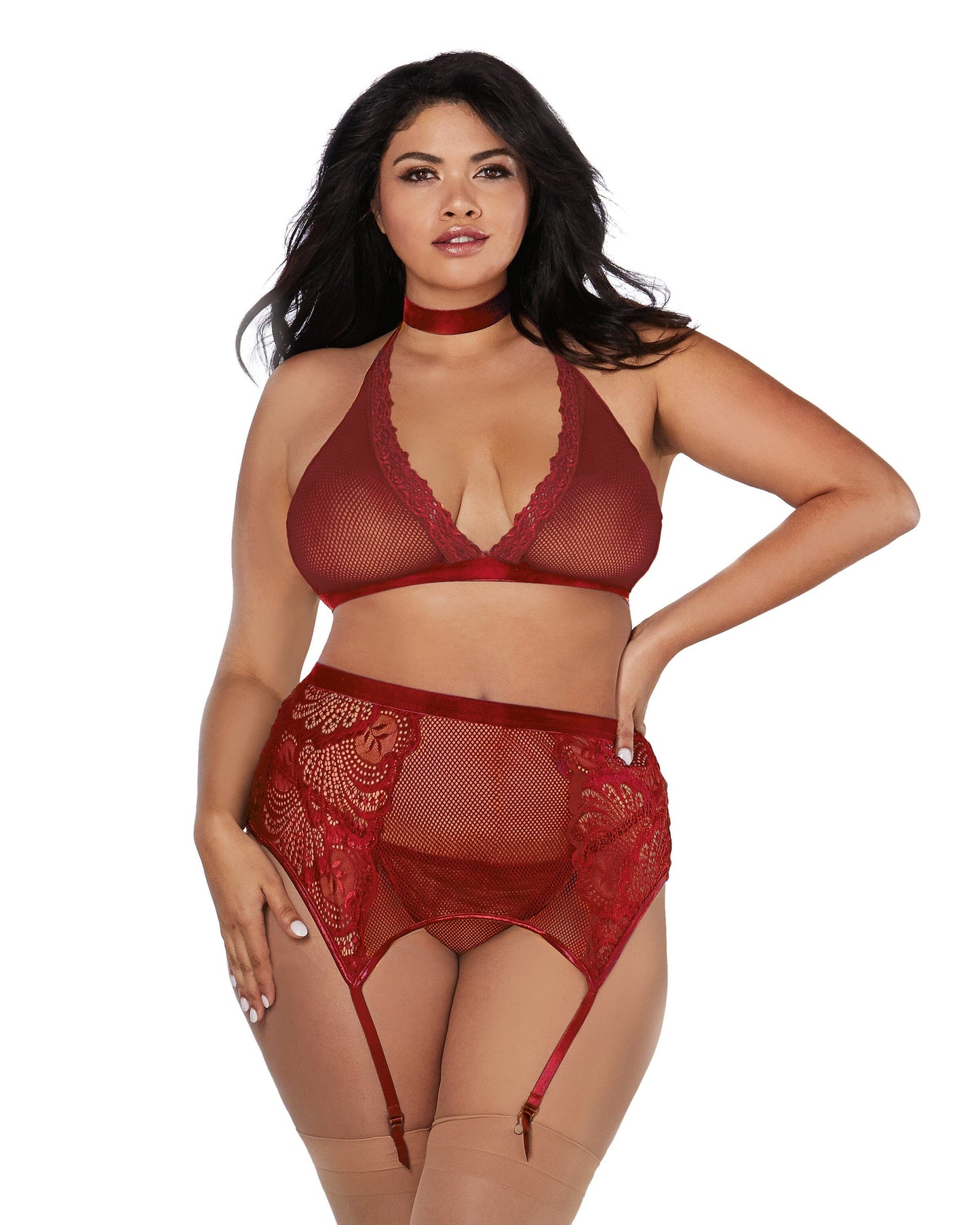Dreamgirl Plus Size Fishnet & Lace 4-Piece Halter Bralette & Garter Belt Set with Stretch Velvet Trim Accents