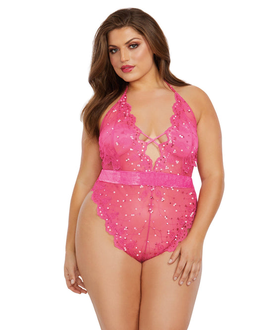 Dreamgirl Plus Size Sequin Embroidered Teddy with Plunging Neckline