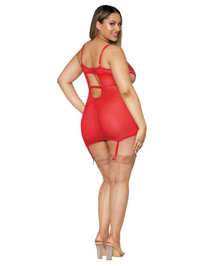Dreamgirl Plus Size Stretch Mesh and Heart Printed Striped Elastic Garter Slip