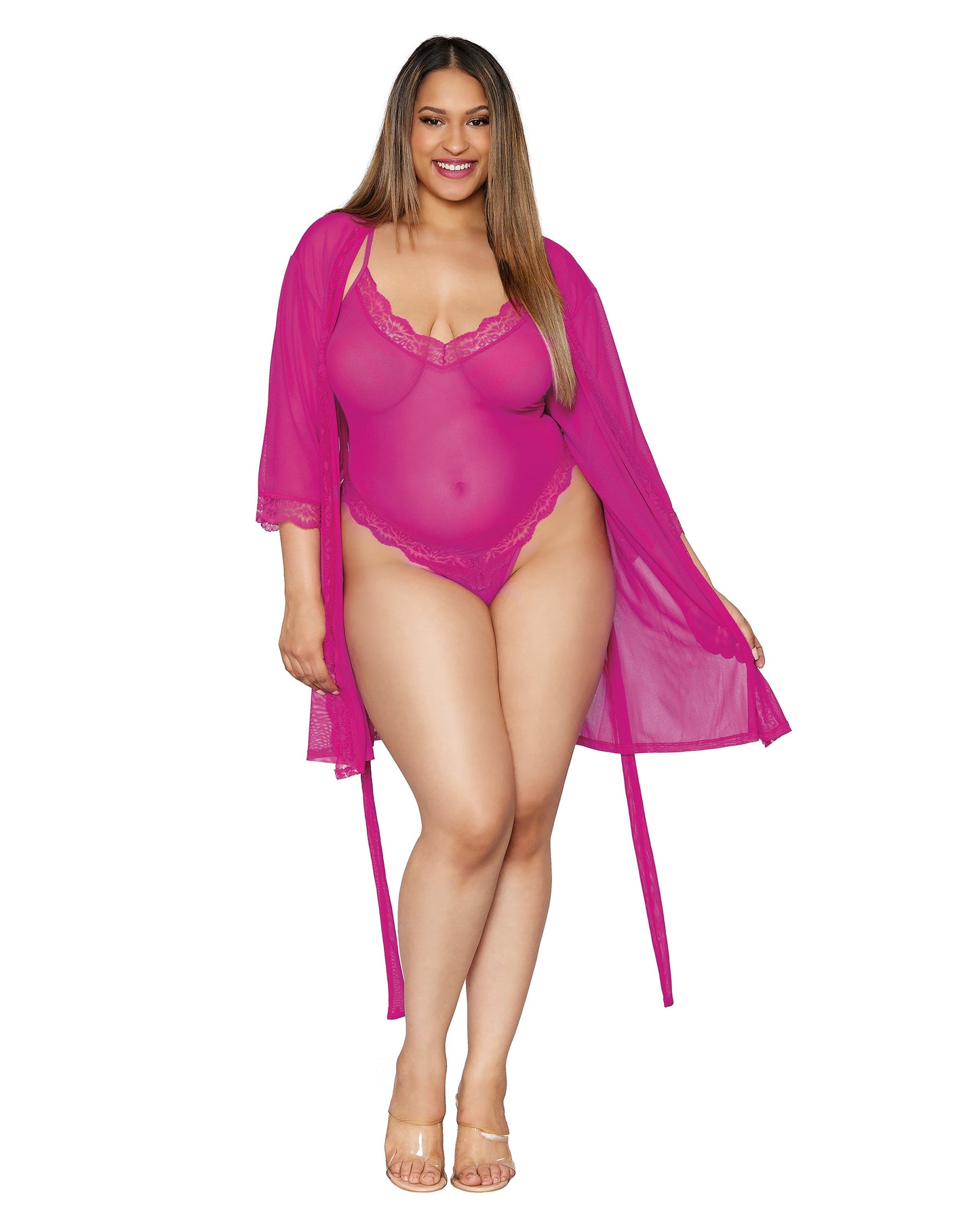 Dreamgirl Plus Size Stretch Mesh Teddy and Robe Set with Lace Trim Details