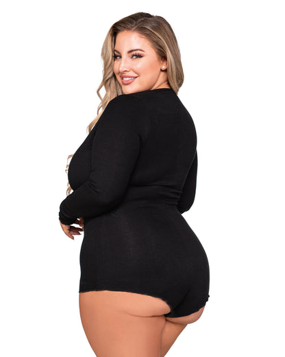 Dreamgirl Plus Size Stretch Rib Knit Sleepwear Romper with Plunge Neckline