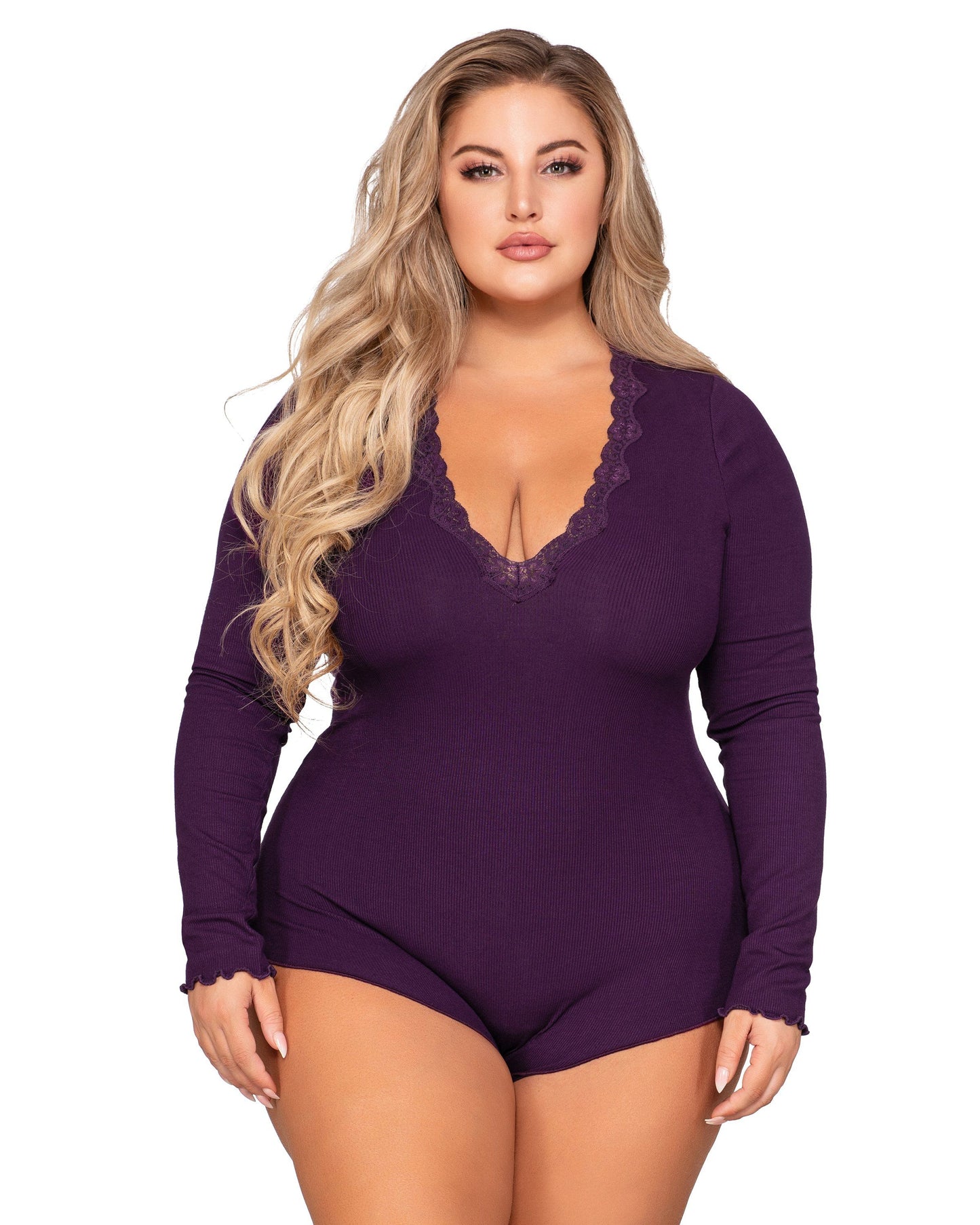 Dreamgirl Plus Size Stretch Rib Knit Sleepwear Romper with Plunge Neckline