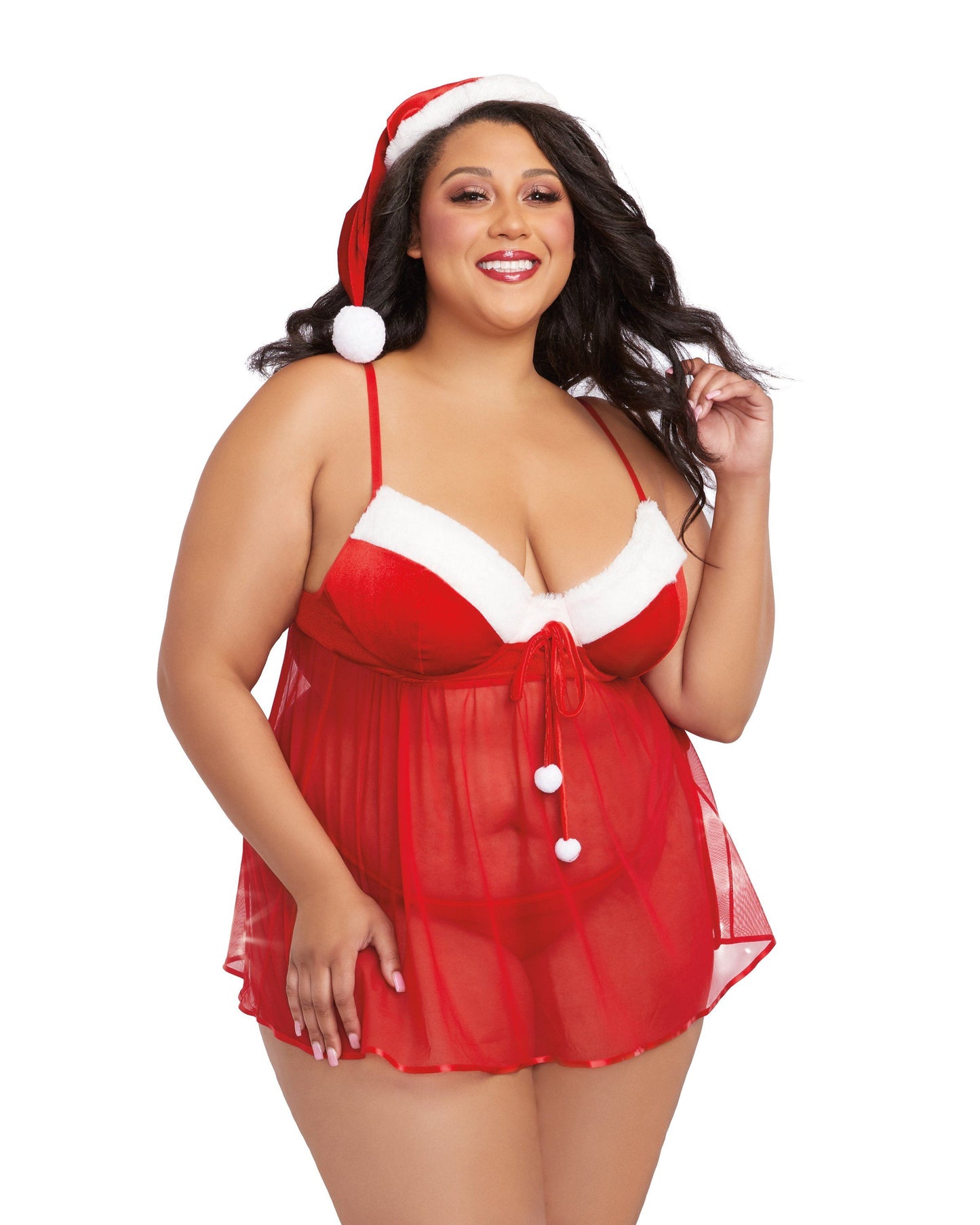 Dreamgirl Plus Size Stretch Velvet Santa Babydoll & Thong Set with Matching Santa Hat
