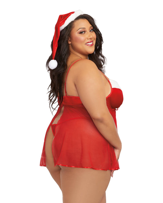 Dreamgirl Plus Size Stretch Velvet Santa Babydoll & Thong Set with Matching Santa Hat