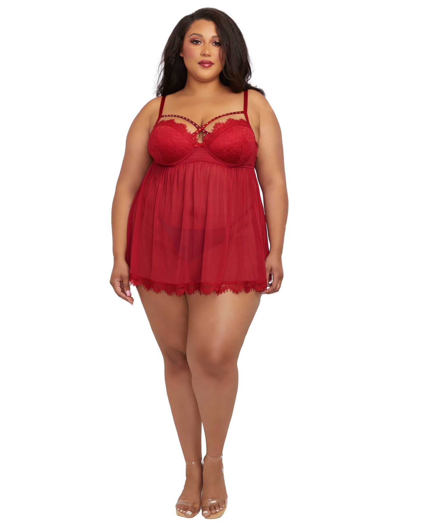 Dreamgirl Plus Size Underwire Push Up Cup Babydoll with Stretch Mesh Skirt