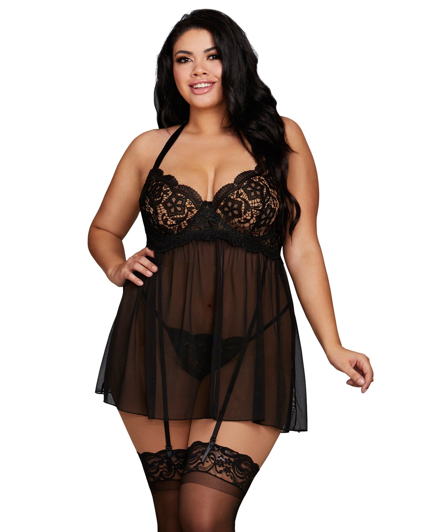Dreamgirl Plus Size Venise Embroidery Lace Garter Babydoll with Thong